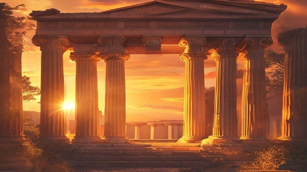 Ancient Greek temple at sunset with classical columns bathed in warm amber light, historical illustration style.