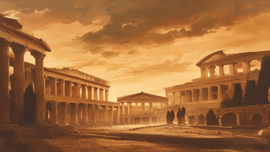 The Roman Forum at dawn with imperial architecture rendered in warm sepia tones, classical illustration style.