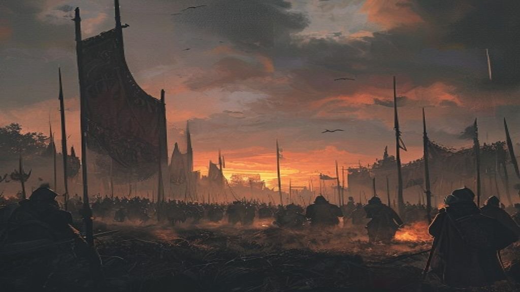Medieval battlefield at dusk with banners and silhouetted soldiers under dramatic light, historical illustration style.