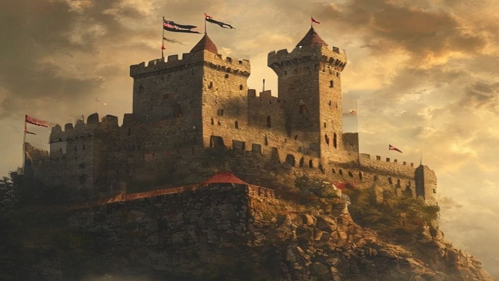 Medieval European castle on a hill with stone walls and pennants under atmospheric warm light, historical illustration style.